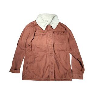 Peach denim and sherpa jacket, warm, stylish, riding style, adjustable waist Y2K